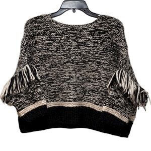 Eleven Six Alpaca Tweed Knit Sweater XS Small‎ Black White Fringe Boho Boxy Cozy